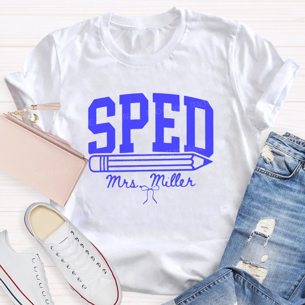Personalized Name Sped Minimalist Pencil And Bow Print Teacher T-Shirt