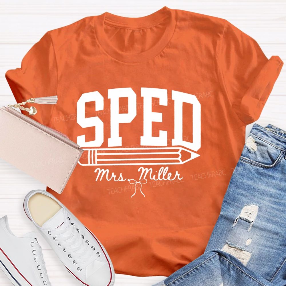 Personalized Name Sped Minimalist Pencil And Bow Print Teacher T-Shirt
