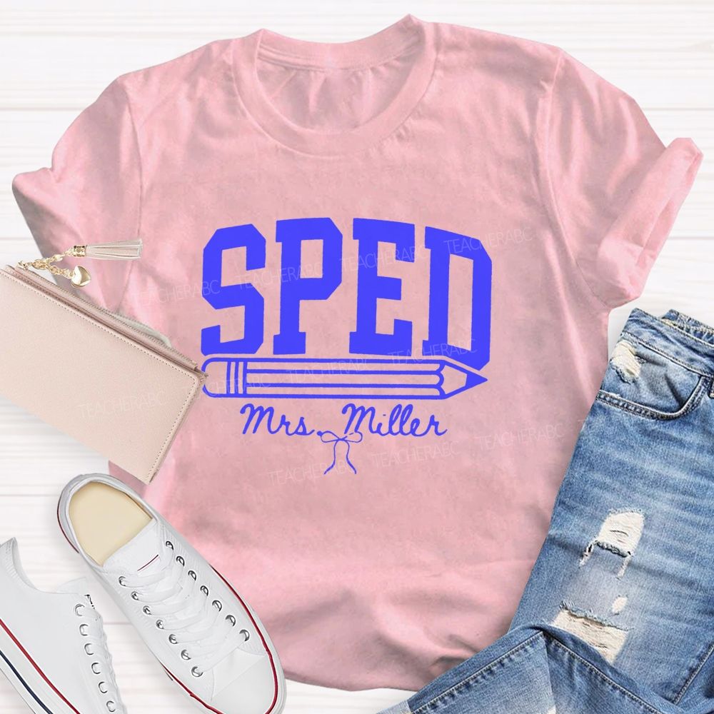 Personalized Name Sped Minimalist Pencil And Bow Print Teacher T-Shirt