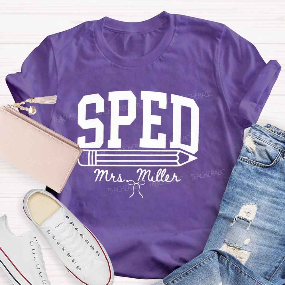 Personalized Name Sped Minimalist Pencil And Bow Print Teacher T-Shirt