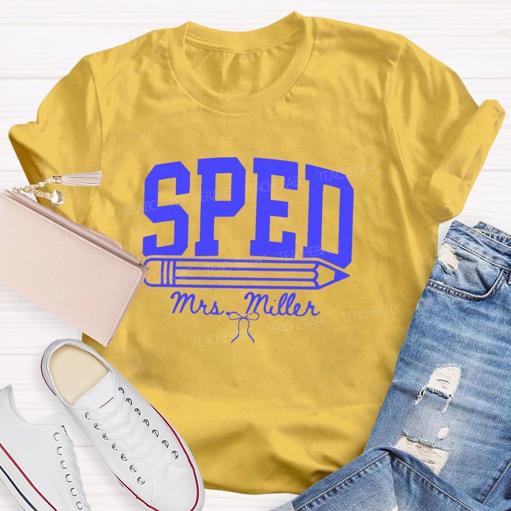 Personalized Name Sped Minimalist Pencil And Bow Print Teacher T-Shirt