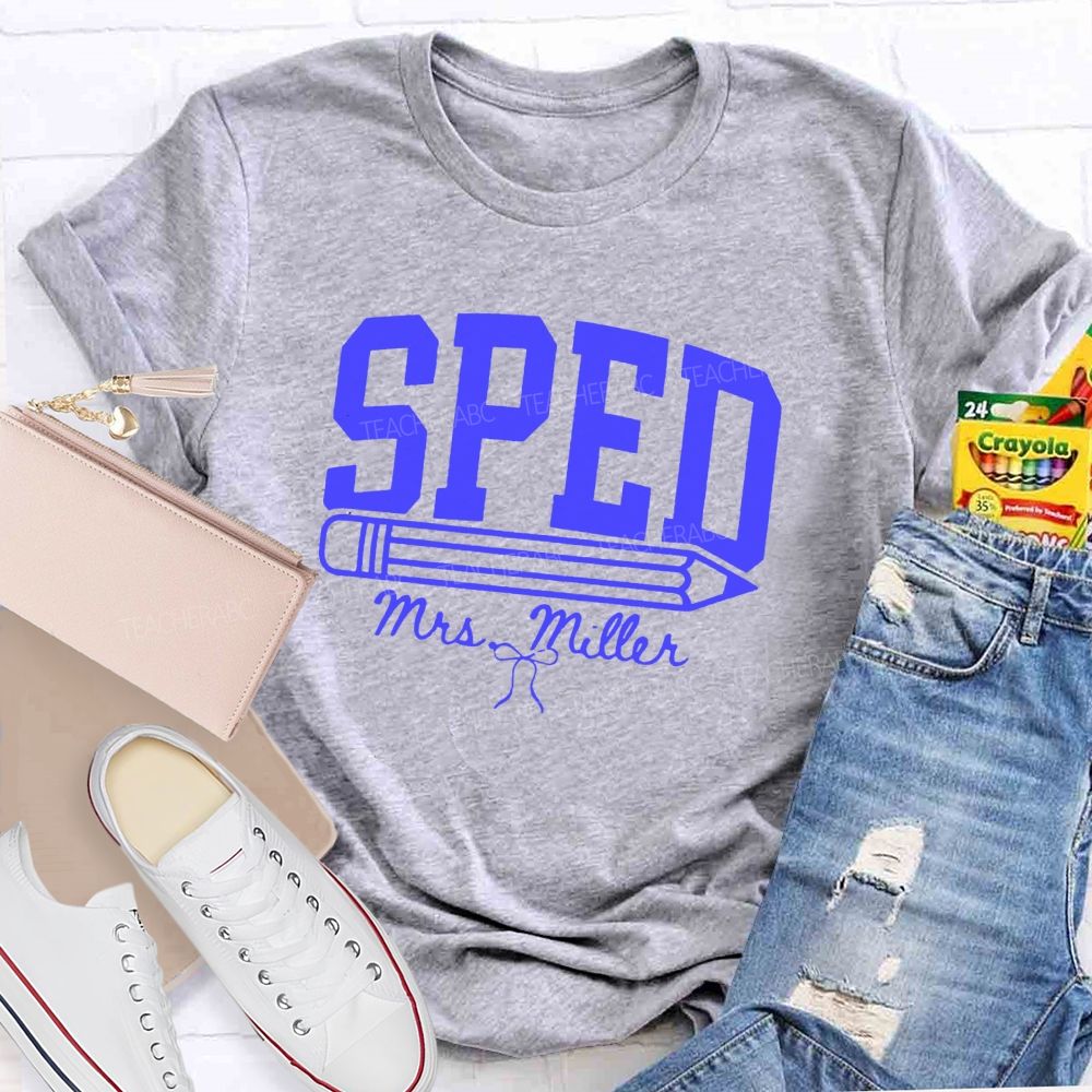 Personalized Name Sped Minimalist Pencil And Bow Print Teacher T-Shirt