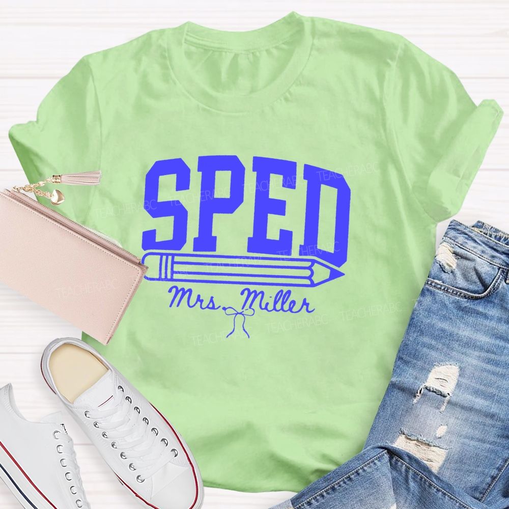 Personalized Name Sped Minimalist Pencil And Bow Print Teacher T-Shirt