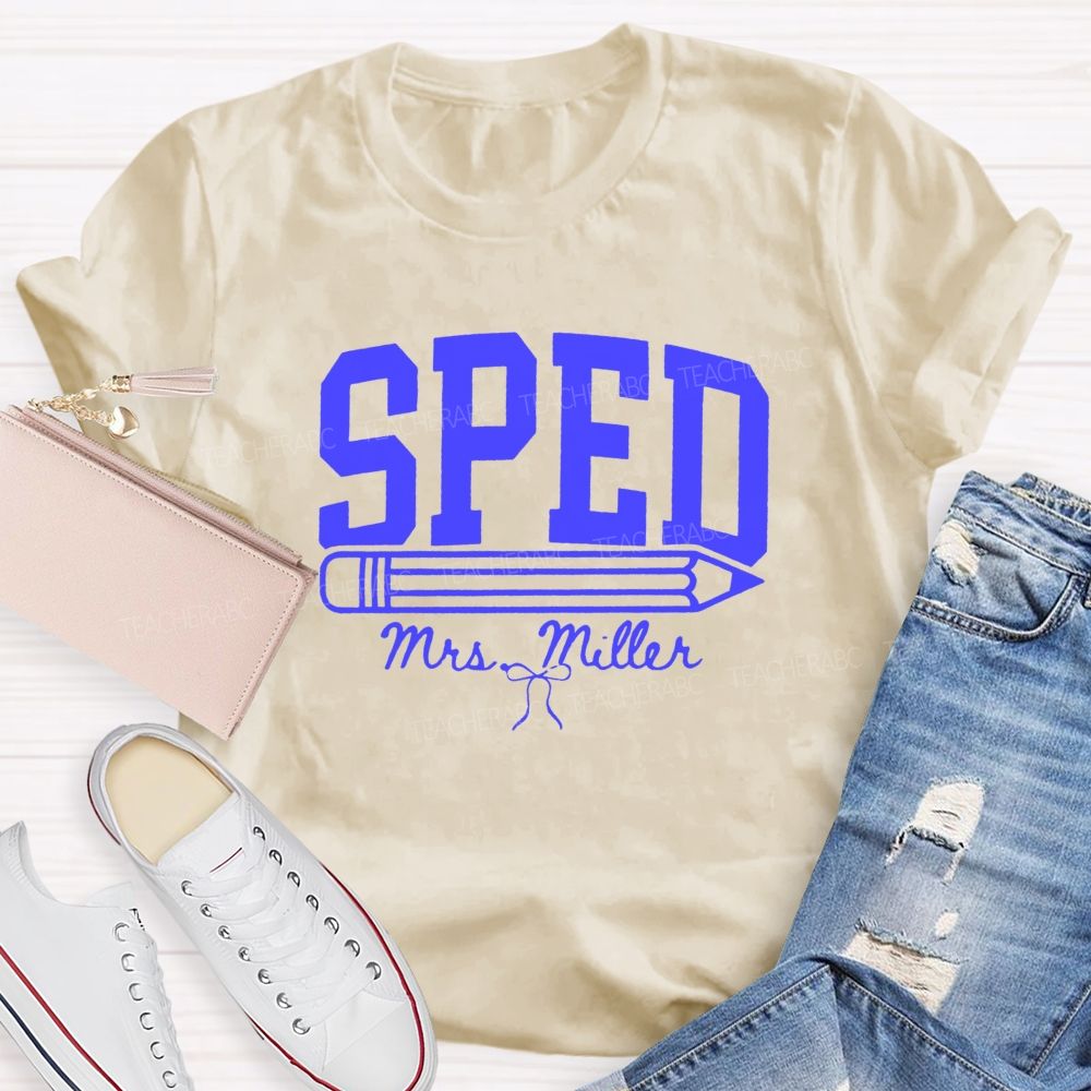 Personalized Name Sped Minimalist Pencil And Bow Print Teacher T-Shirt