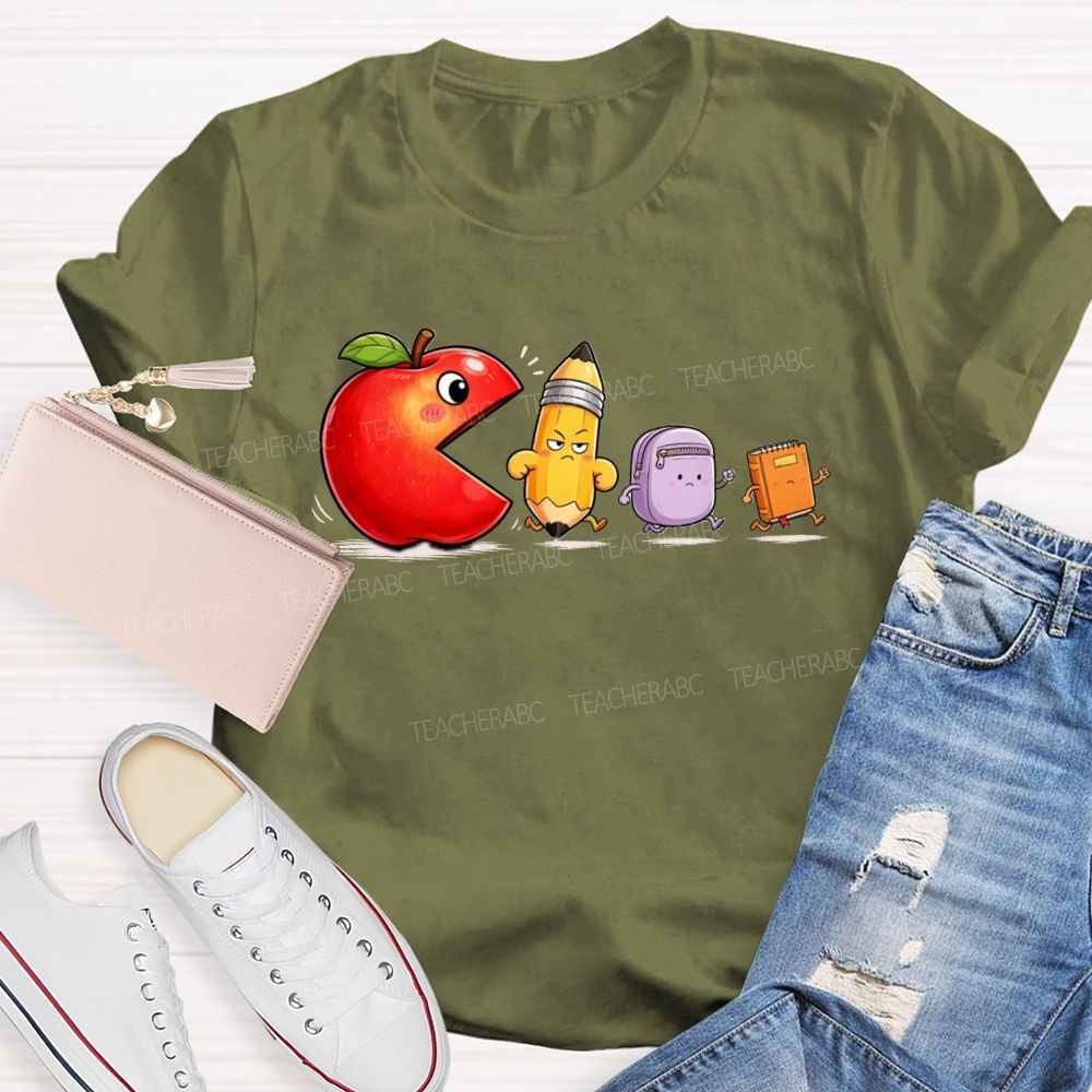 Funny Scene Of An Apple Chasing A Pencil And A Schoolbag.Back To School Teacher T-shirt