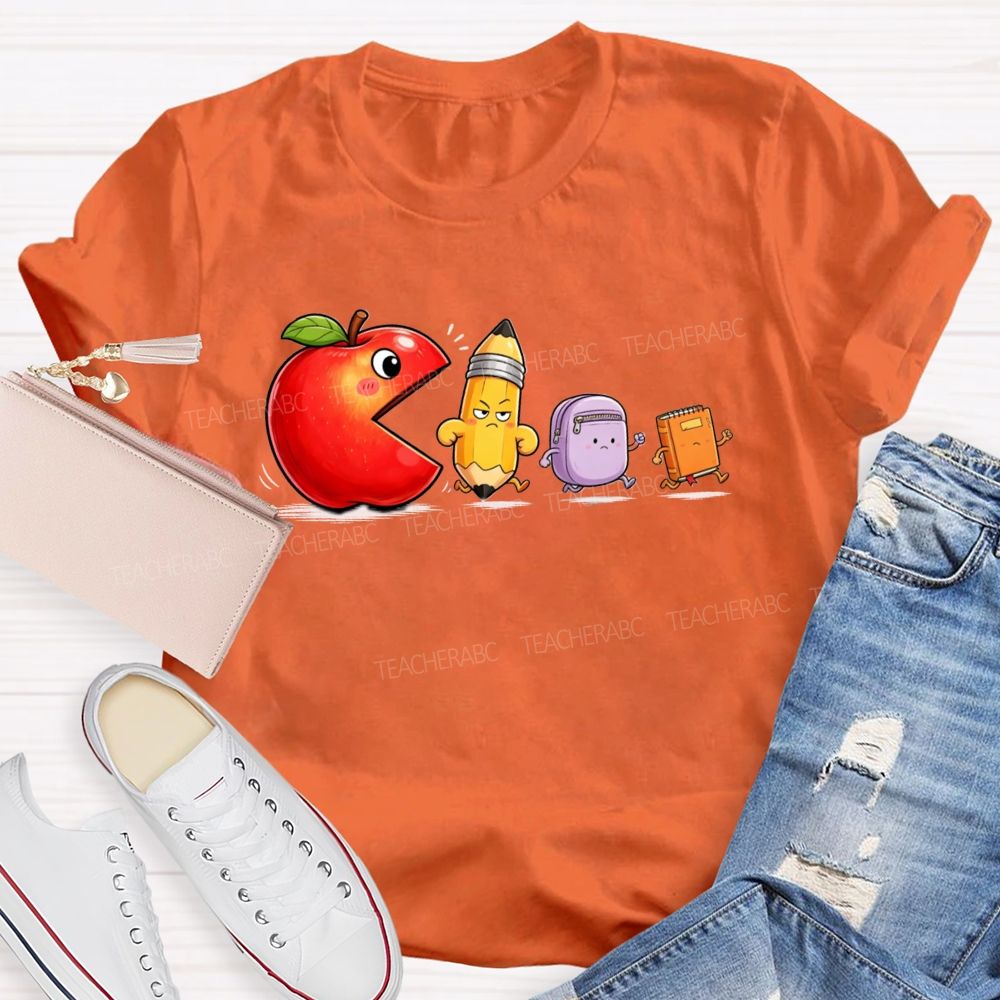 Funny Scene Of An Apple Chasing A Pencil And A Schoolbag.Back To School Teacher T-shirt
