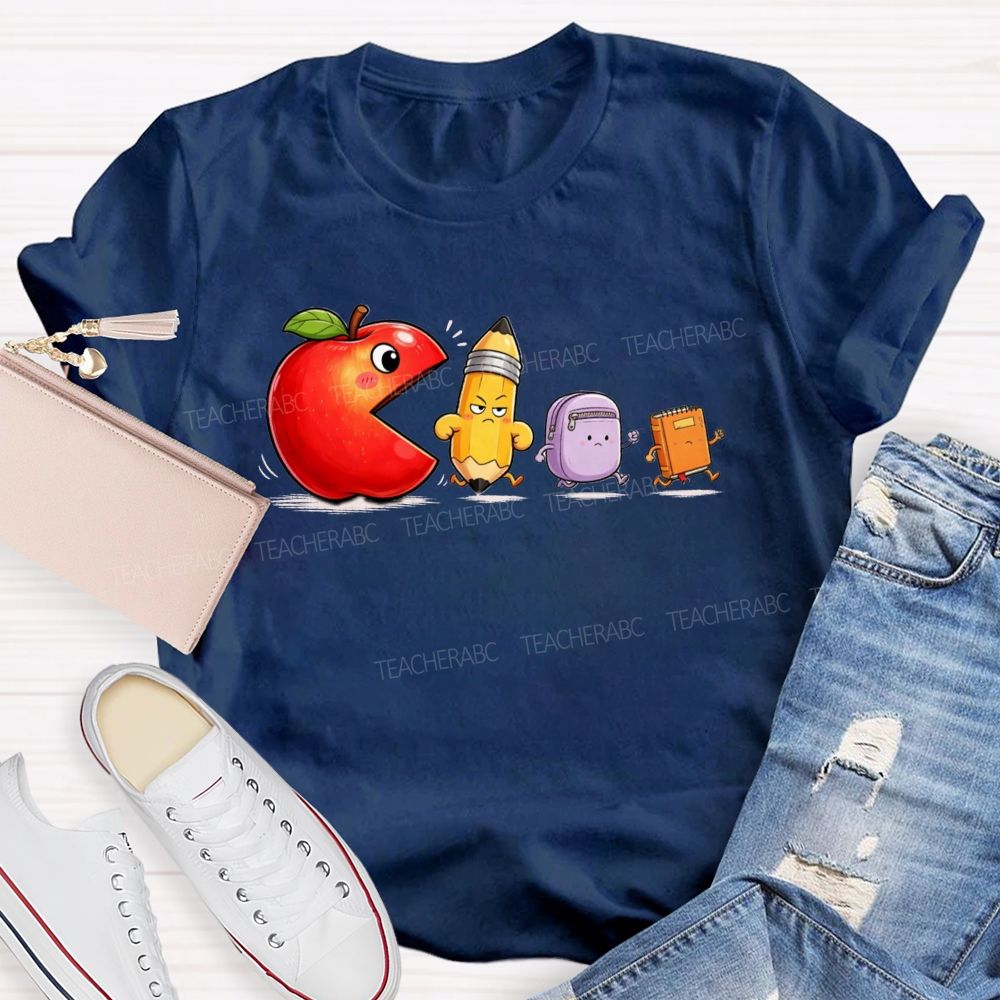 Funny Scene Of An Apple Chasing A Pencil And A Schoolbag.Back To School Teacher T-shirt