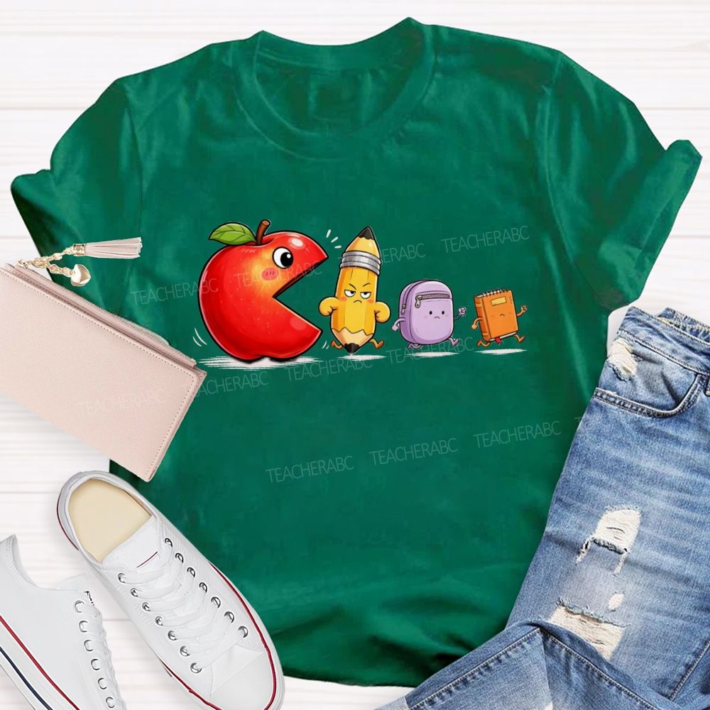 Funny Scene Of An Apple Chasing A Pencil And A Schoolbag.Back To School Teacher T-shirt