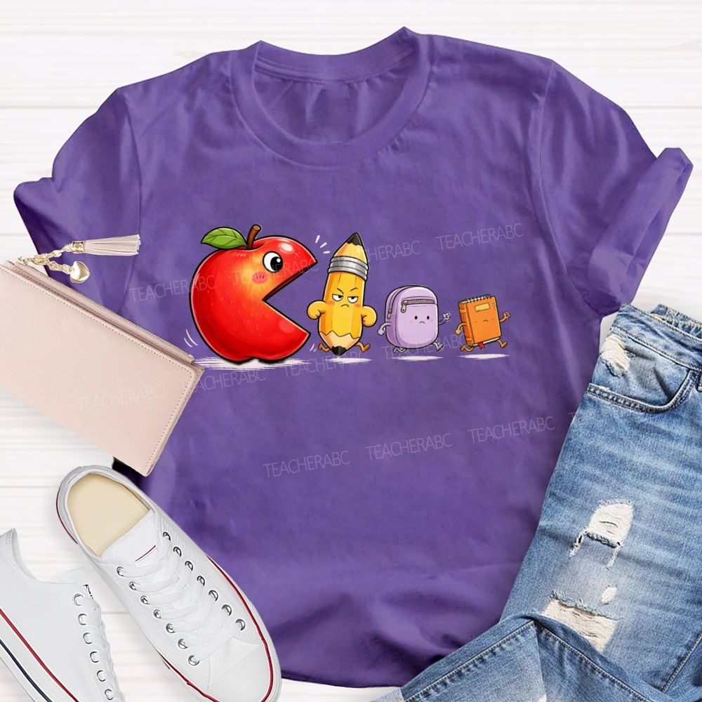 Funny Scene Of An Apple Chasing A Pencil And A Schoolbag.Back To School Teacher T-shirt