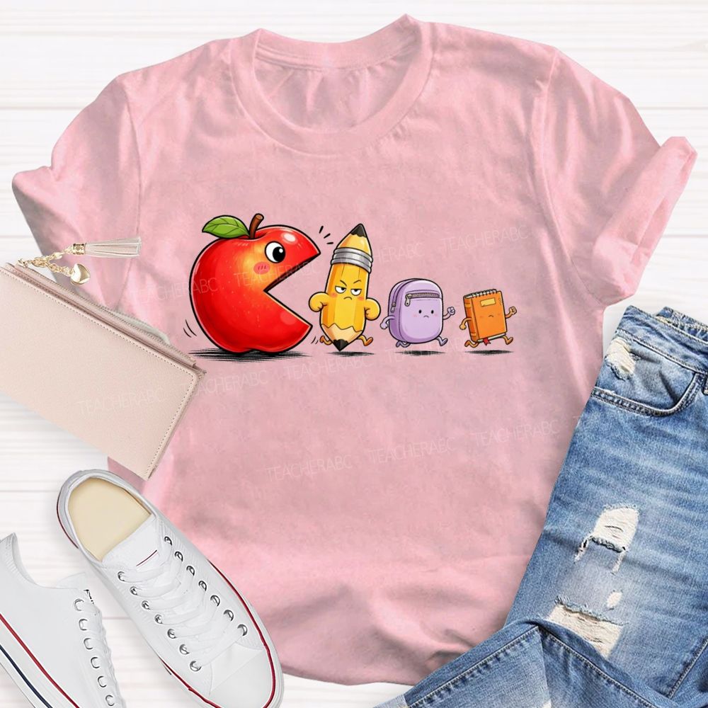 Funny Scene Of An Apple Chasing A Pencil And A Schoolbag.Back To School Teacher T-shirt