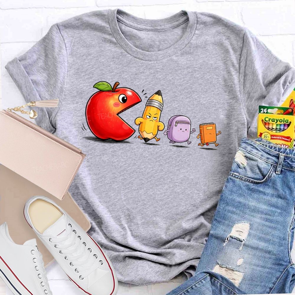 Funny Scene Of An Apple Chasing A Pencil And A Schoolbag.Back To School Teacher T-shirt