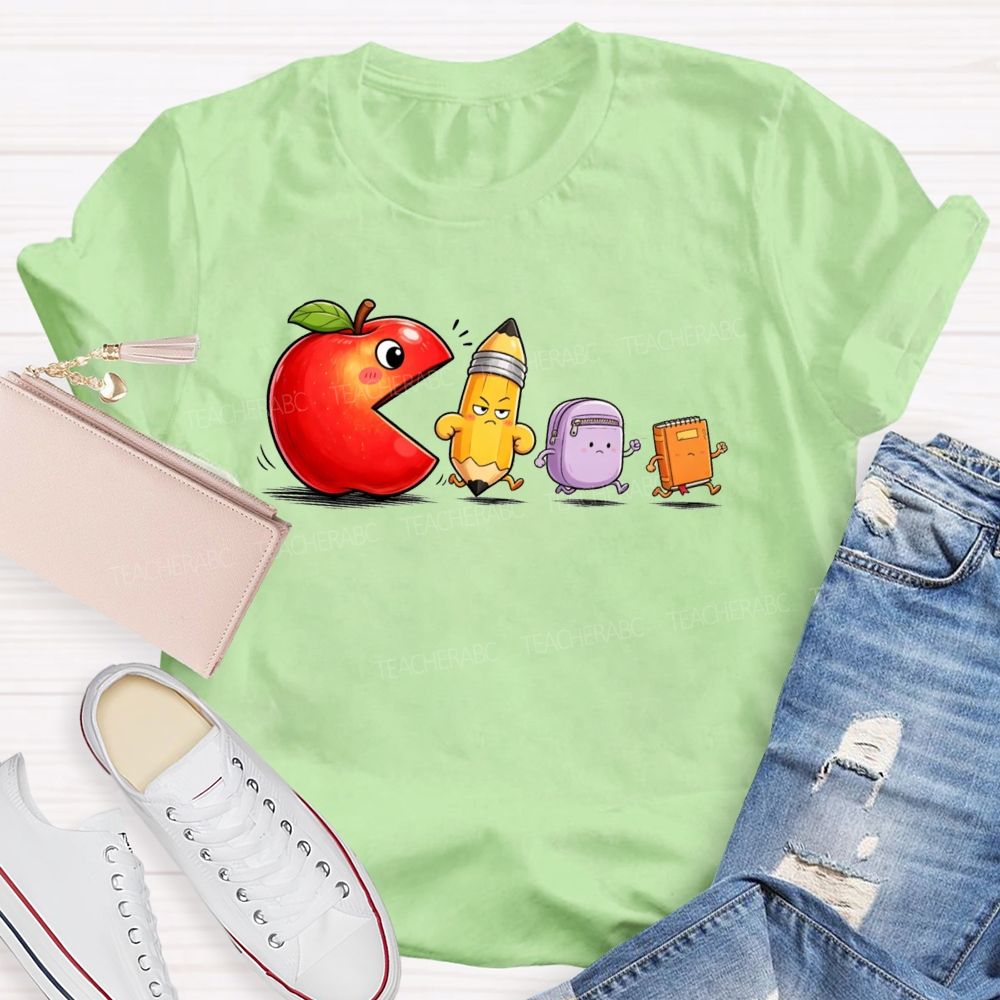 Funny Scene Of An Apple Chasing A Pencil And A Schoolbag.Back To School Teacher T-shirt