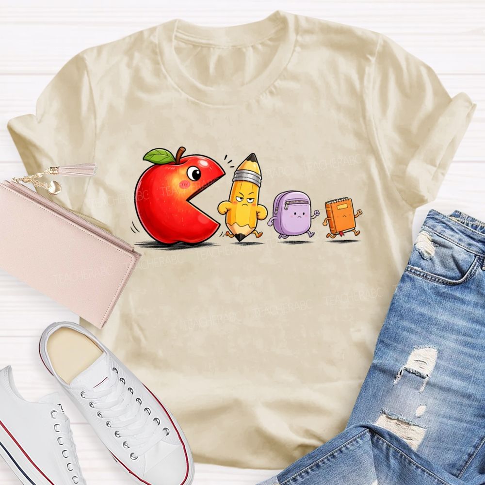Funny Scene Of An Apple Chasing A Pencil And A Schoolbag.Back To School Teacher T-shirt