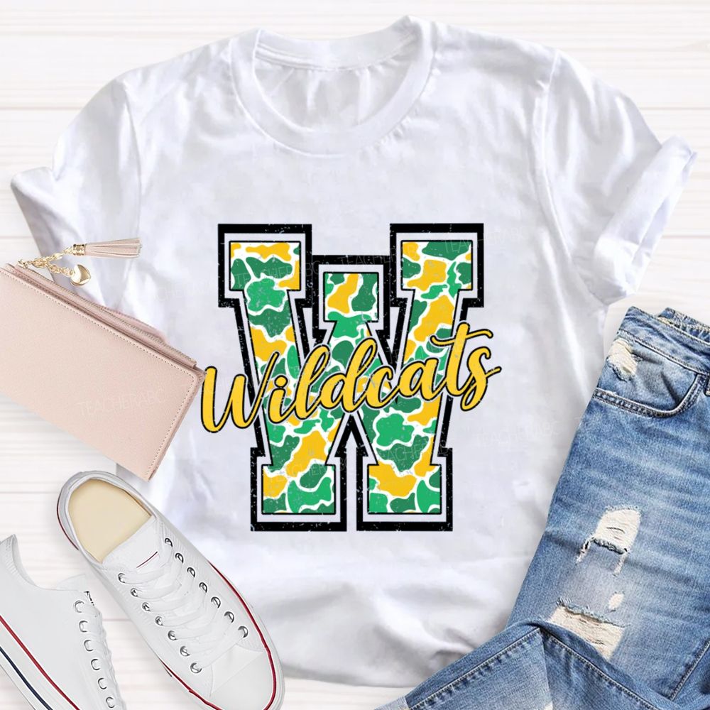 Personalized Mascot Colorful Leopard W Is For Wildcats Teacher T-Shirt