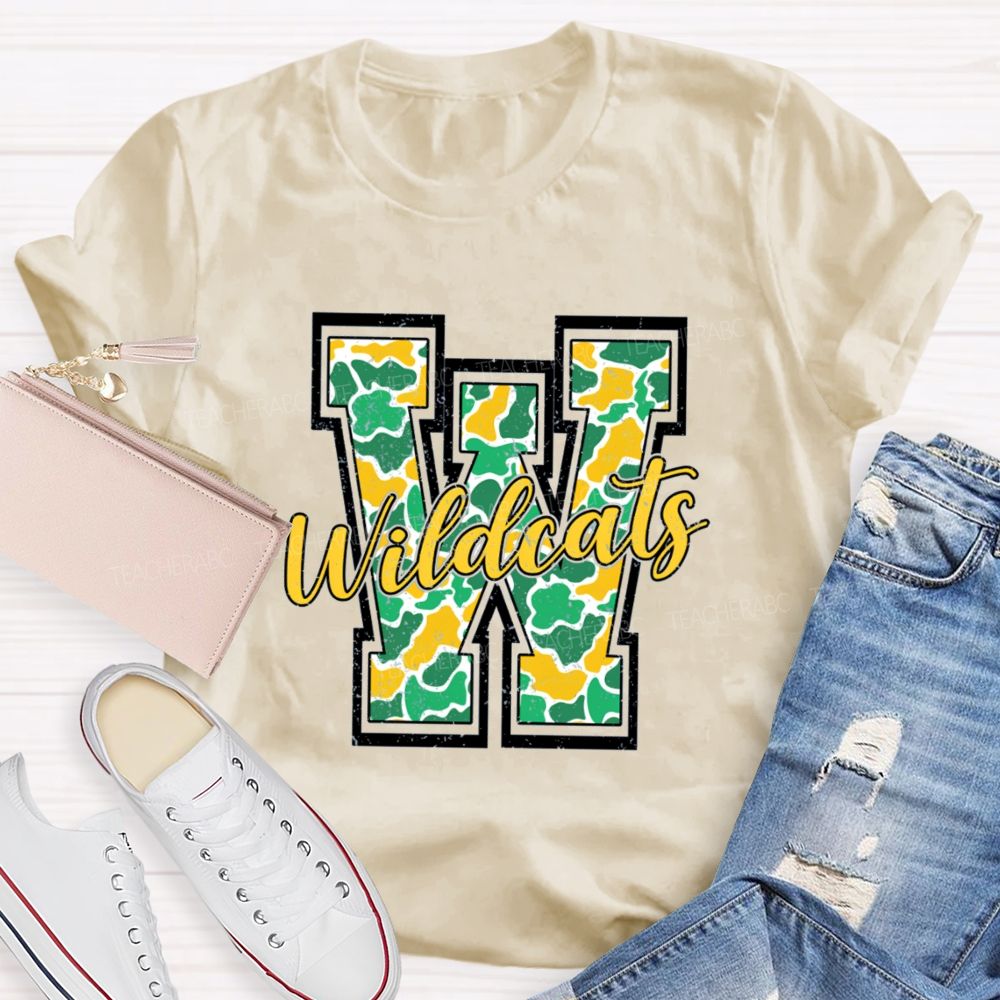 Personalized Mascot Colorful Leopard W Is For Wildcats Teacher T-Shirt
