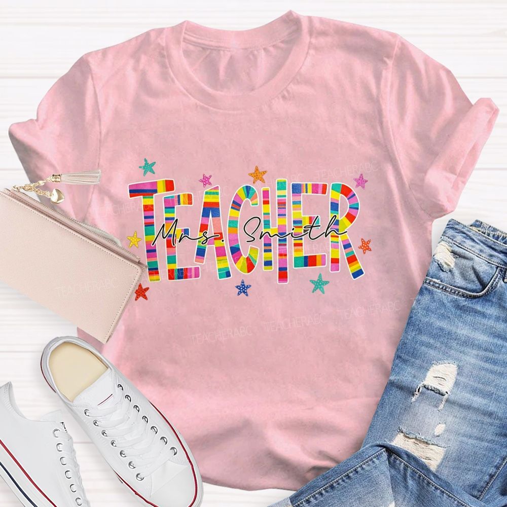 Personalized Name Teacher Rainbow Striped Letter Teacher T-shirt