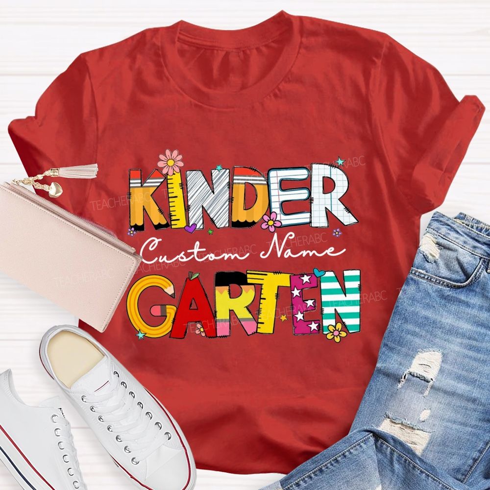 Personalized Name And Grade Kindergarten Colorful School Supply Doodle Kinder T-shirt