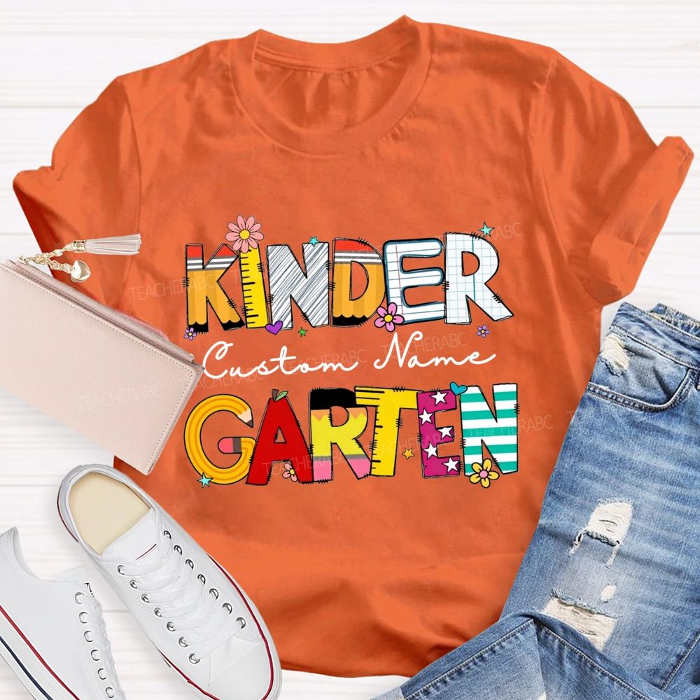 Personalized Name And Grade Kindergarten Colorful School Supply Doodle Kinder T-shirt