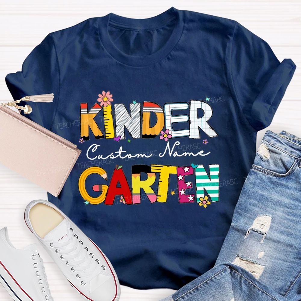 Personalized Name And Grade Kindergarten Colorful School Supply Doodle Kinder T-shirt