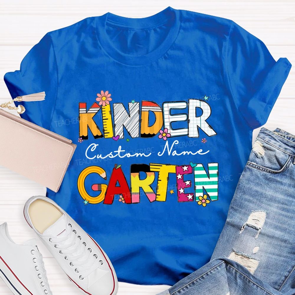 Personalized Name And Grade Kindergarten Colorful School Supply Doodle Kinder T-shirt