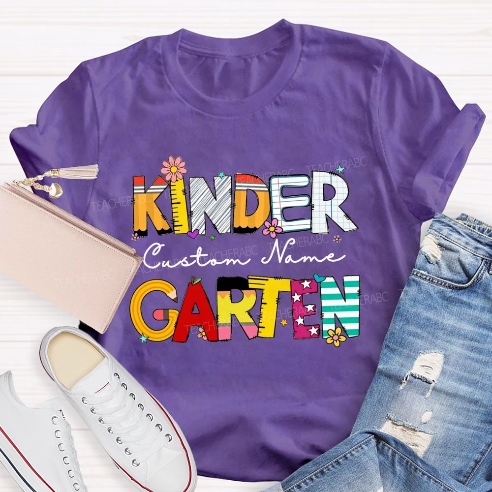 Personalized Name And Grade Kindergarten Colorful School Supply Doodle Kinder T-shirt