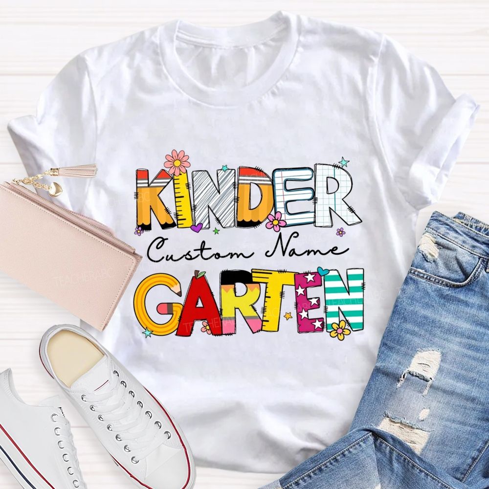 Personalized Name And Grade Kindergarten Colorful School Supply Doodle Kinder T-shirt