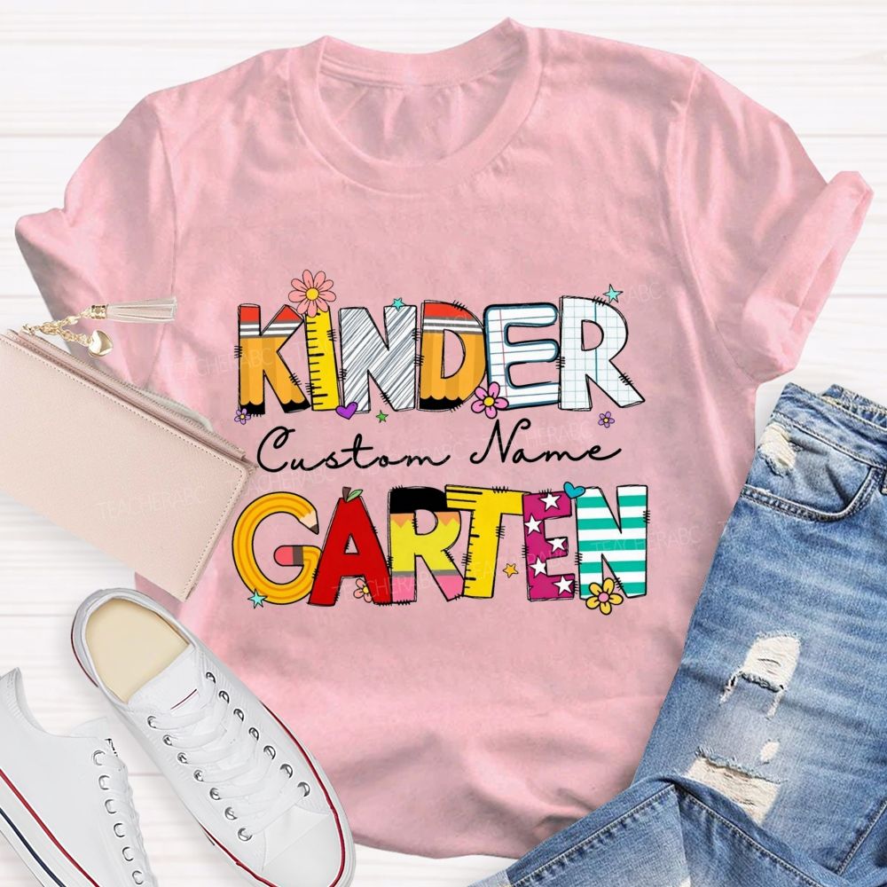 Personalized Name And Grade Kindergarten Colorful School Supply Doodle Kinder T-shirt