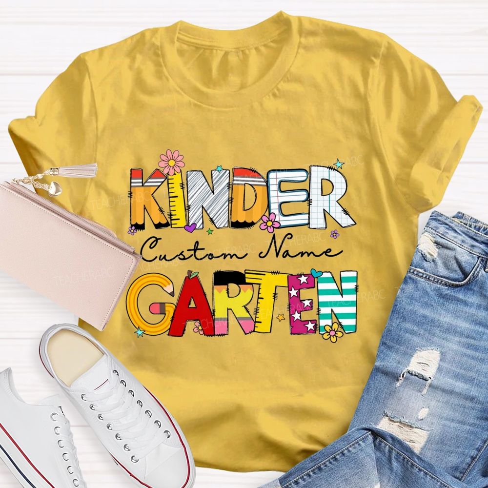 Personalized Name And Grade Kindergarten Colorful School Supply Doodle Kinder T-shirt
