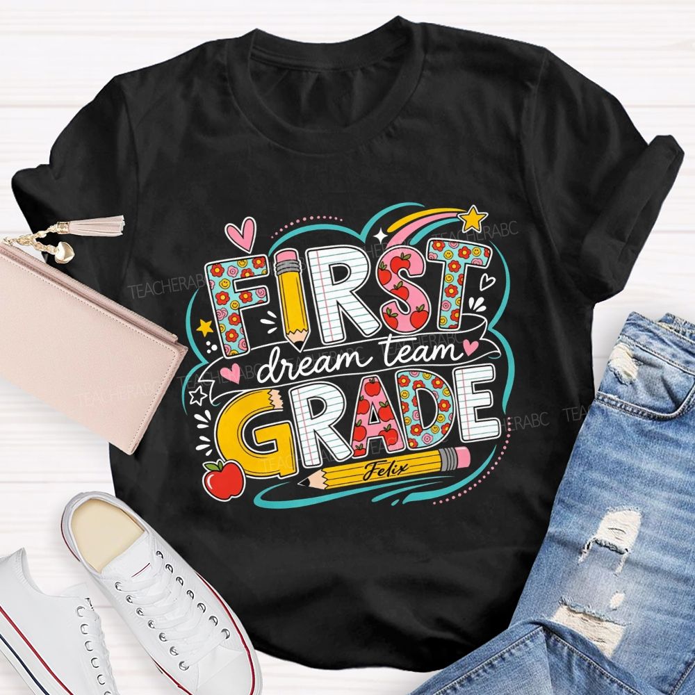 Personalized Grade Dream Team Rainbow Heart Doodle Elementary Teacher T-shirt