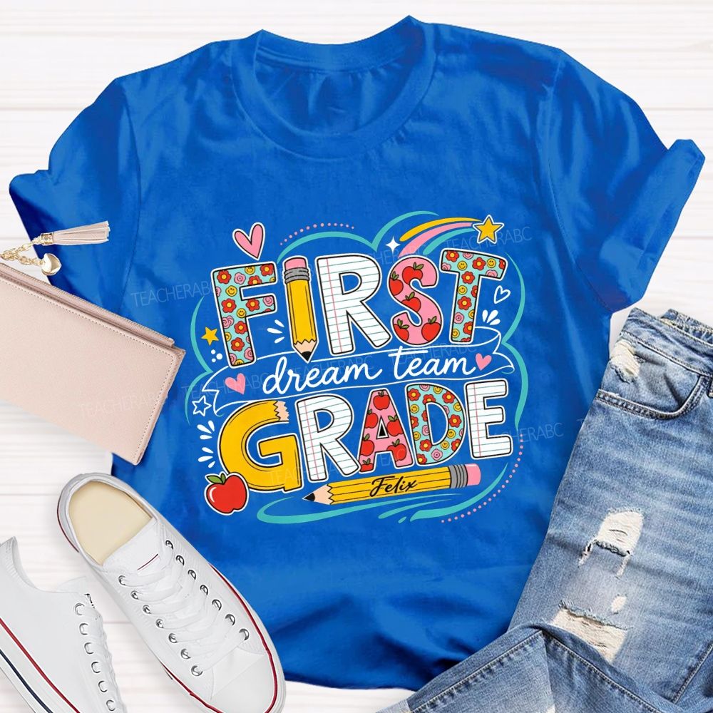 Personalized Grade Dream Team Rainbow Heart Doodle Elementary Teacher T-shirt