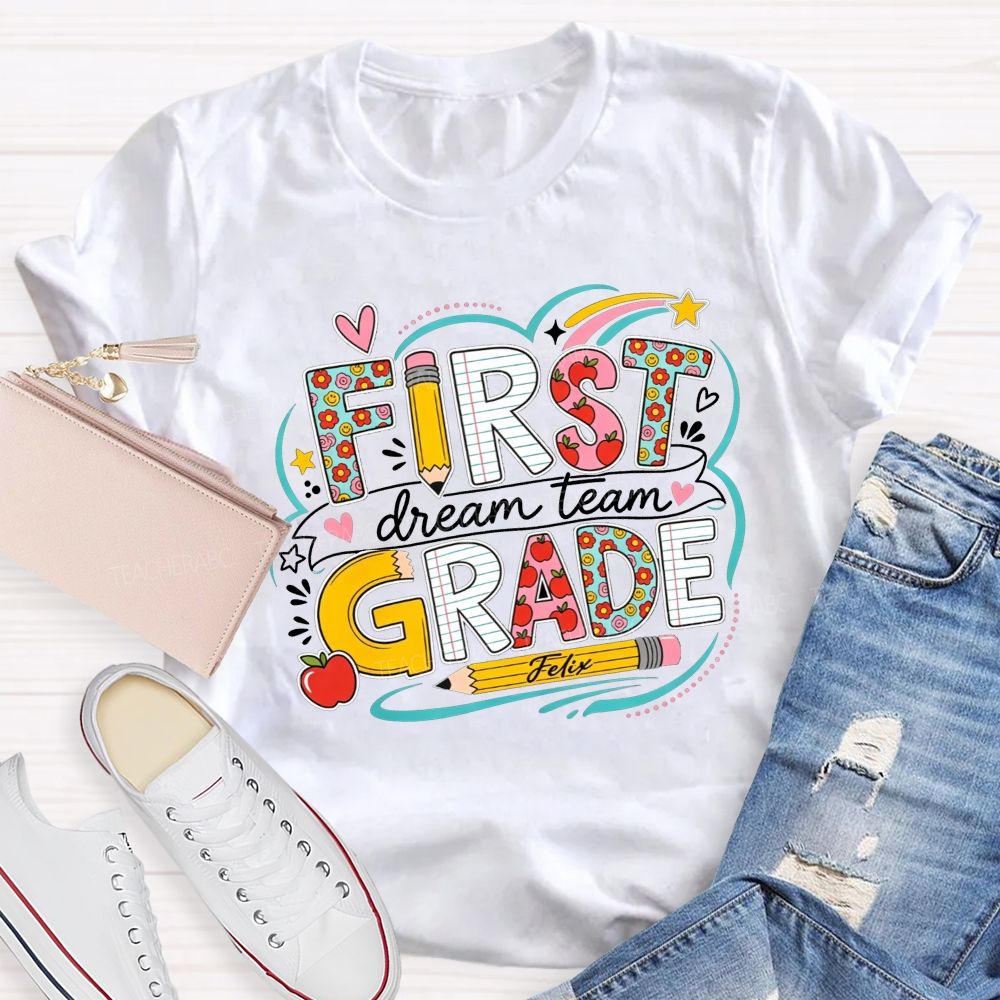 Personalized Grade Dream Team Rainbow Heart Doodle Elementary Teacher T-shirt