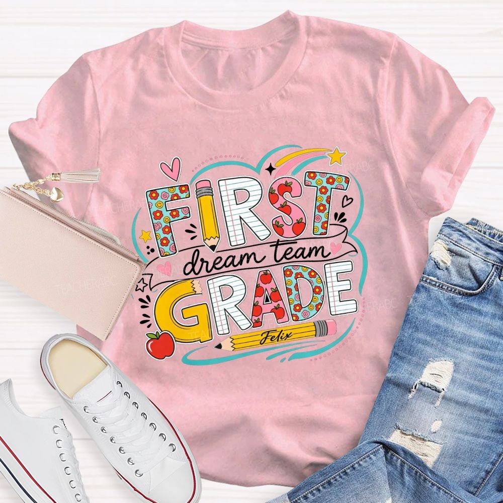 Personalized Grade Dream Team Rainbow Heart Doodle Elementary Teacher T-shirt