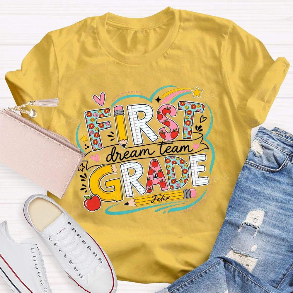 Personalized Grade Dream Team Rainbow Heart Doodle Elementary Teacher T-shirt