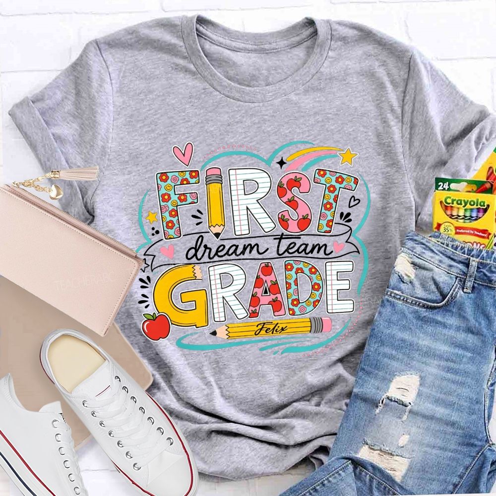 Personalized Grade Dream Team Rainbow Heart Doodle Elementary Teacher T-shirt