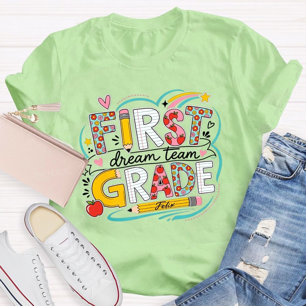 Personalized Grade Dream Team Rainbow Heart Doodle Elementary Teacher T-shirt