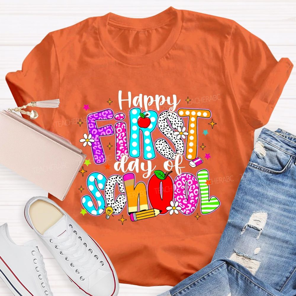 Happy First Day Of School Leopard Polka Dot Striped Colorful Letter Teacher T-shirt