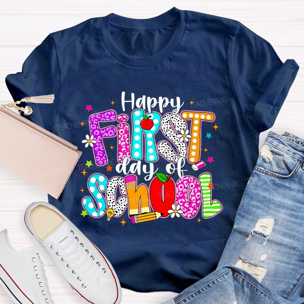 Happy First Day Of School Leopard Polka Dot Striped Colorful Letter Teacher T-shirt