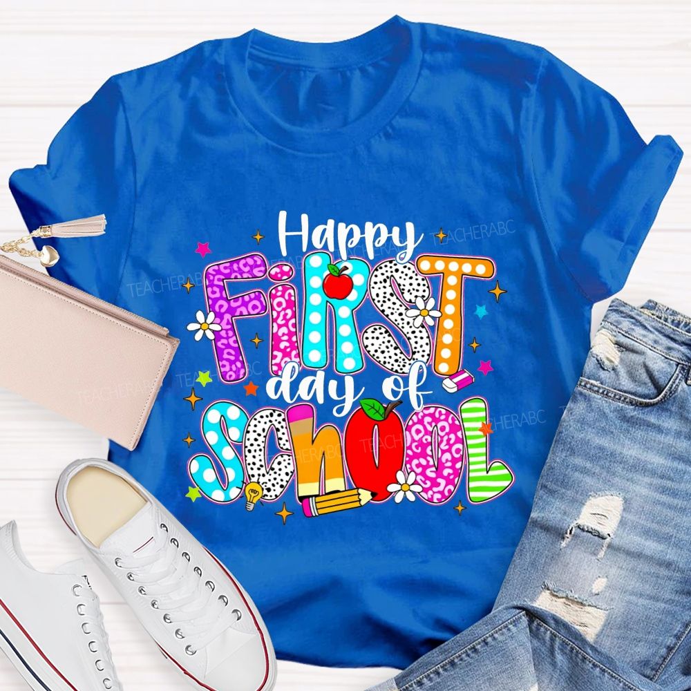 Happy First Day Of School Leopard Polka Dot Striped Colorful Letter Teacher T-shirt