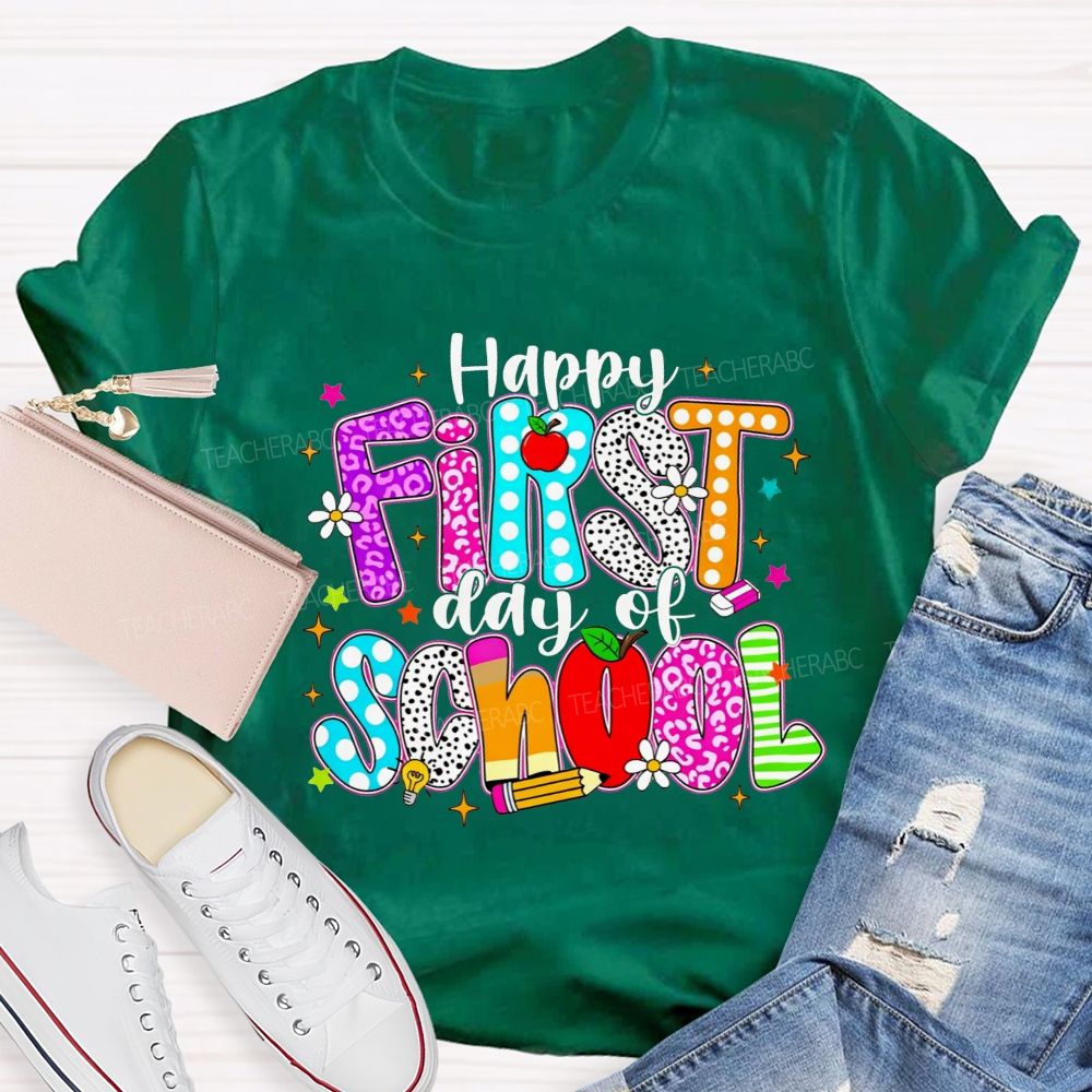 Happy First Day Of School Leopard Polka Dot Striped Colorful Letter Teacher T-shirt