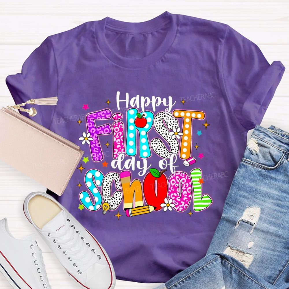 Happy First Day Of School Leopard Polka Dot Striped Colorful Letter Teacher T-shirt