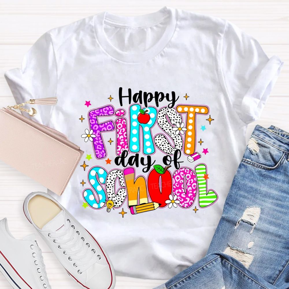 Happy First Day Of School Leopard Polka Dot Striped Colorful Letter Teacher T-shirt