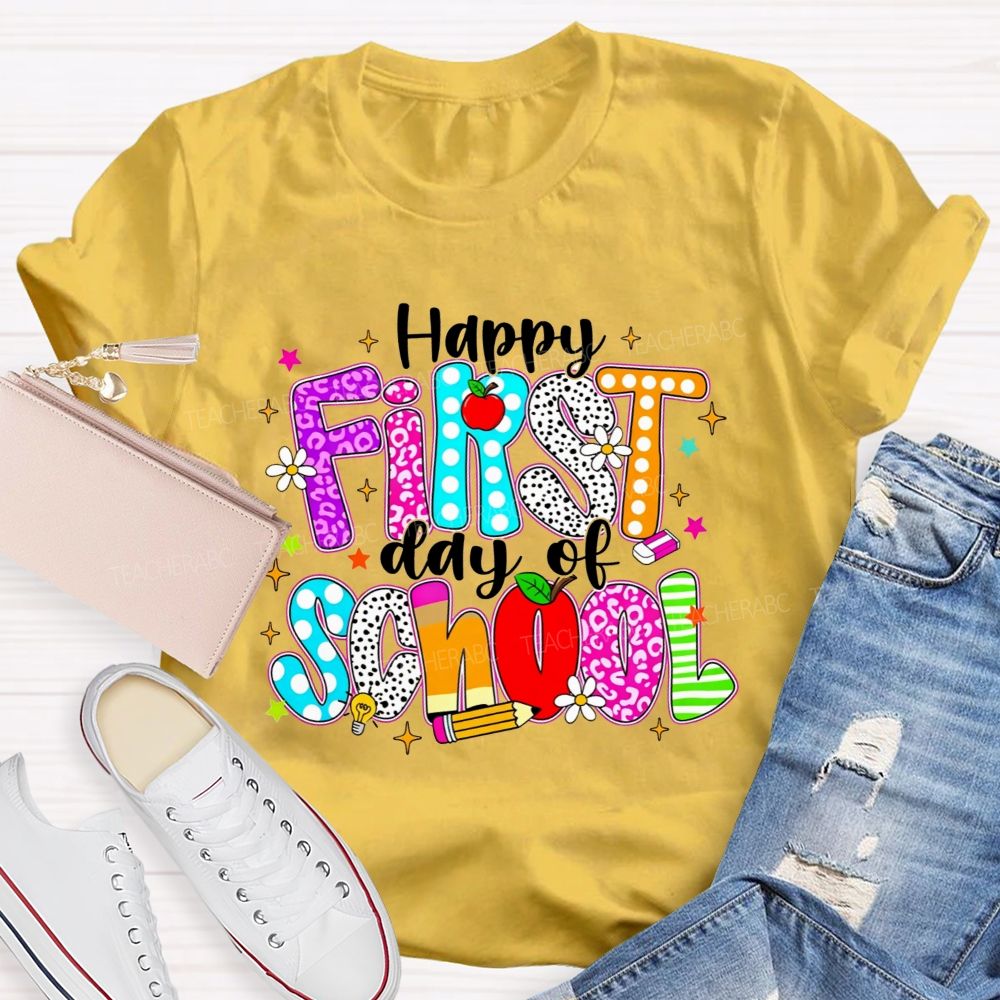 Happy First Day Of School Leopard Polka Dot Striped Colorful Letter Teacher T-shirt