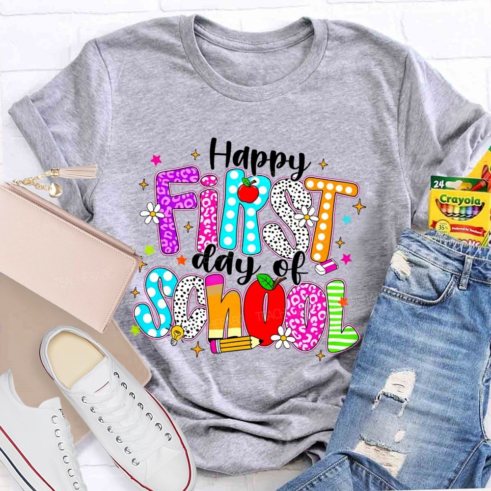 Happy First Day Of School Leopard Polka Dot Striped Colorful Letter Teacher T-shirt