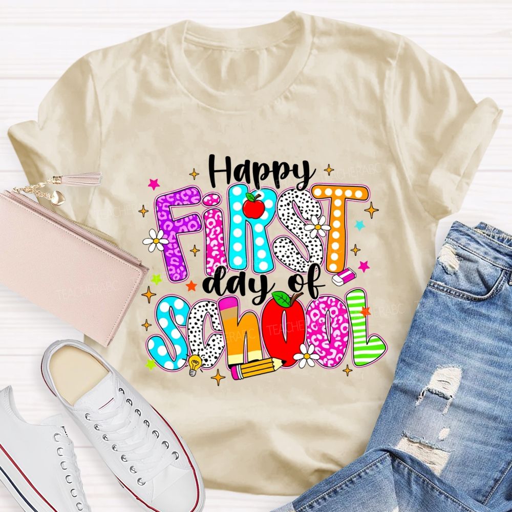 Happy First Day Of School Leopard Polka Dot Striped Colorful Letter Teacher T-shirt