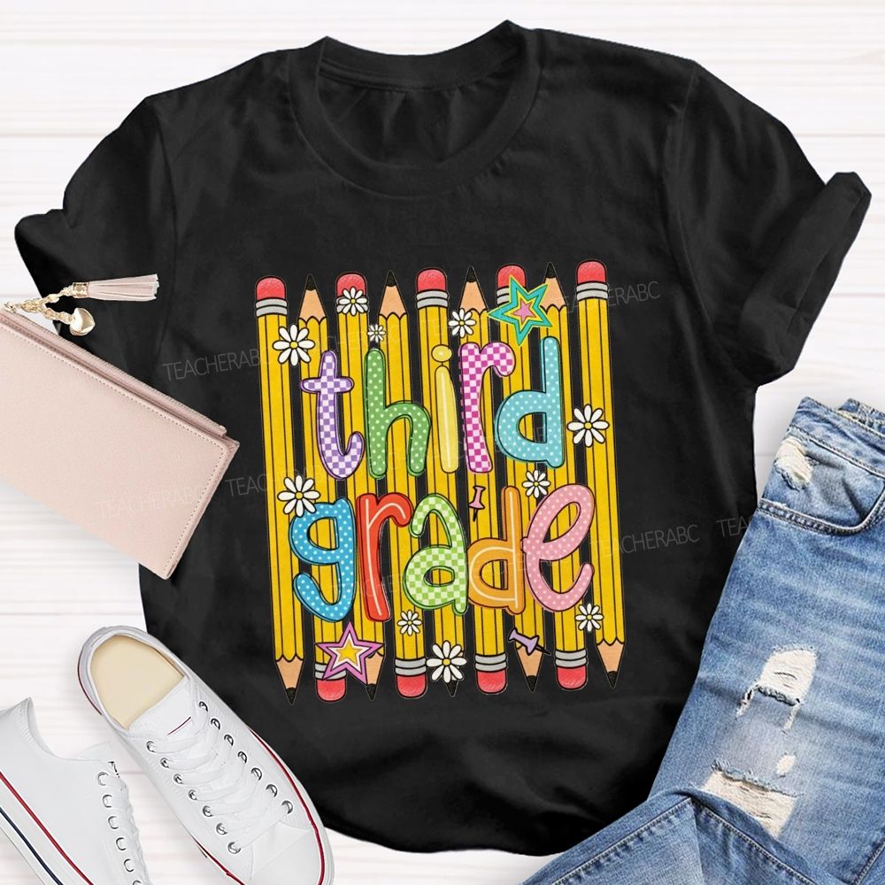 Personalized Grade Colorful Pattern Pencil Third Grade Teacher T-shirt