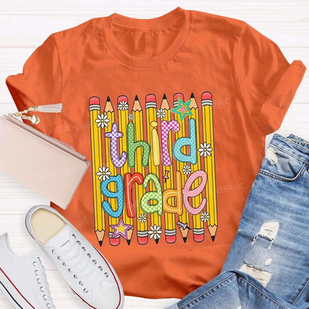 Personalized Grade Colorful Pattern Pencil Third Grade Teacher T-shirt