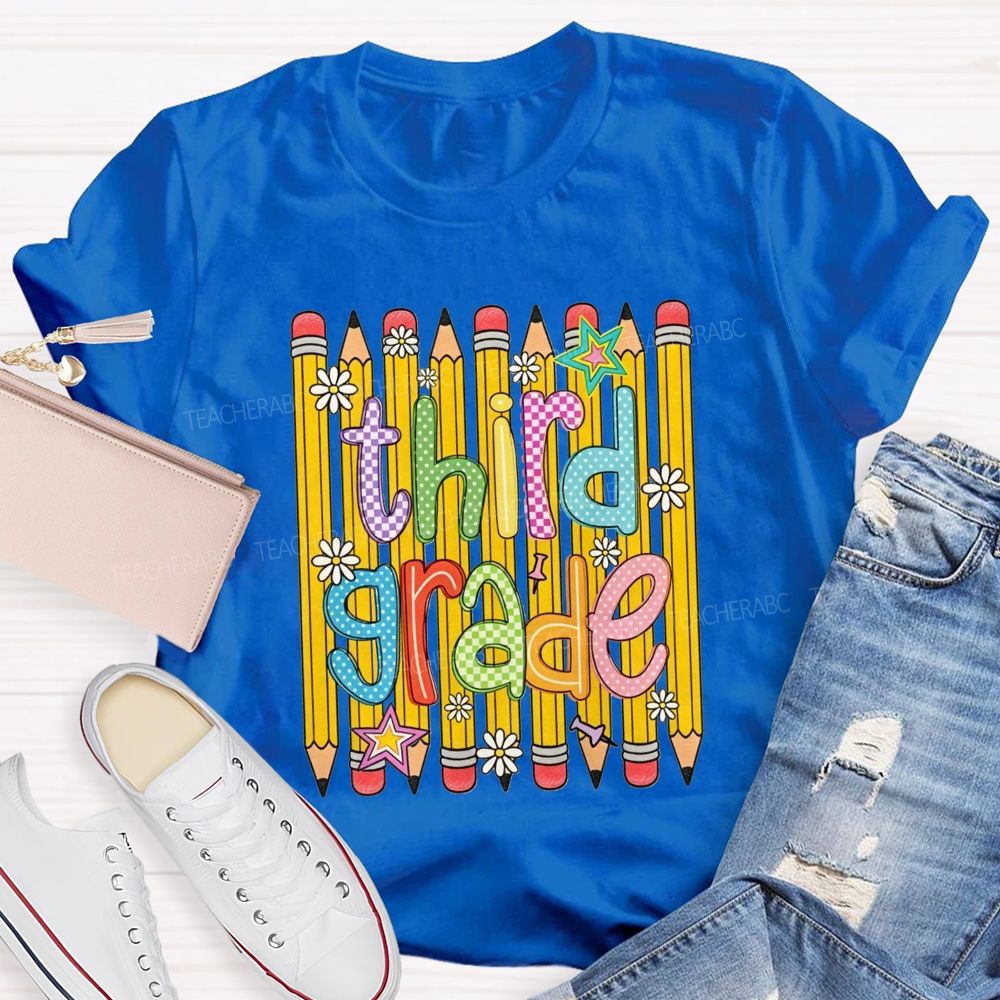 Personalized Grade Colorful Pattern Pencil Third Grade Teacher T-shirt