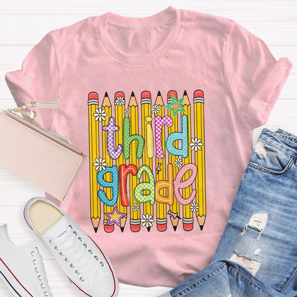 Personalized Grade Colorful Pattern Pencil Third Grade Teacher T-shirt