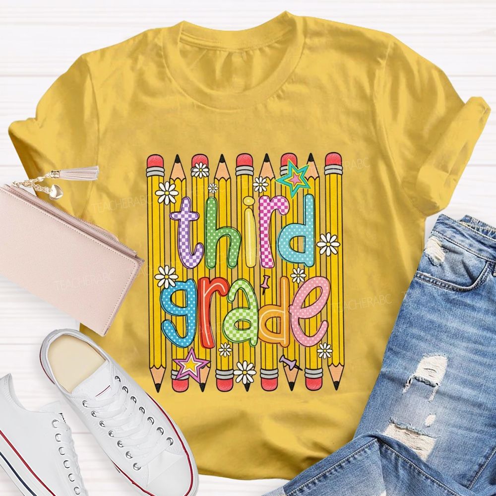 Personalized Grade Colorful Pattern Pencil Third Grade Teacher T-shirt