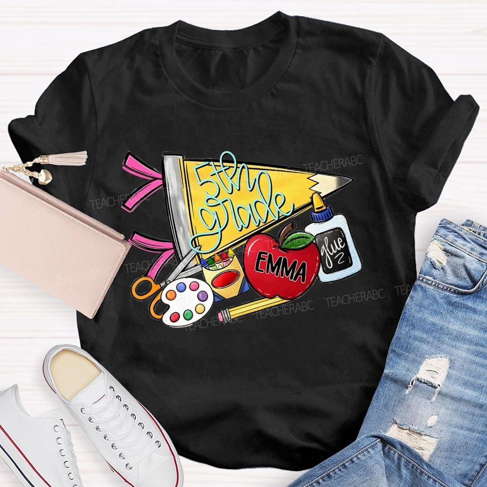 Personalized Name And Grade Yellow Pencil Triangle School Supplies Doodle Teacher T-shirt